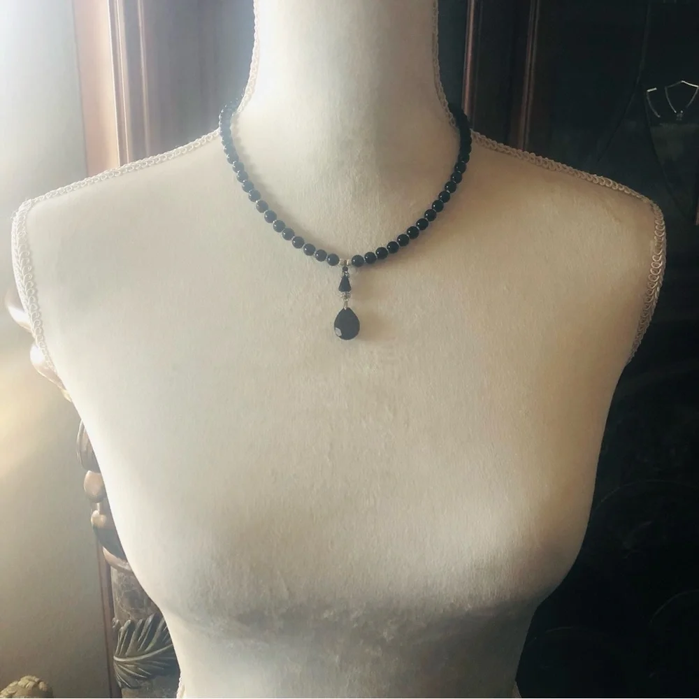 Handcrafted repurpose faceted black crystal pendant Czech glass Pearl necklace